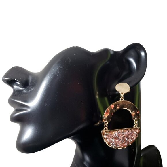 Women Gold Peach Faceted Half Circle Dangle Drop Post Back Party Casual Earrings - Picture 2 of 6